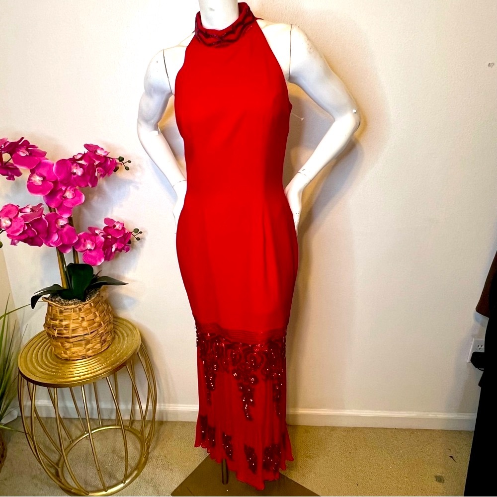 VTG Alyce Designs Red Sequin Roaring Midi Dress • Sz 8 Poly/ Silk - Picture 3 of 16